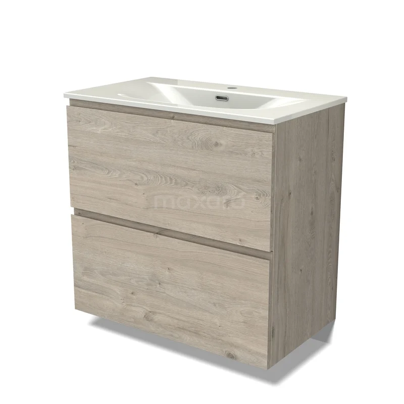 Modulo Badmöbel mit Unterschrank mit Waschbecken BMW13-01642 Holz-Badmöbel mit Waschbecken, helle Eiche Optik, zwei Schubladen und schlichtes Design; perfekt für eine moderne Badezimmer Einrichtung.