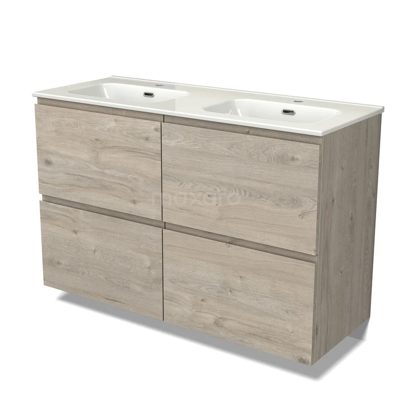 Houten badkamermeubel met dubbele wastafel, licht eiken afwerking, met vier lades voor praktische opbergruimte.