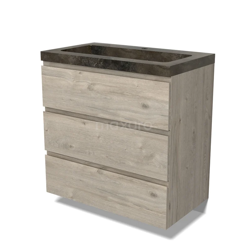 Houten badkamerkast met drie lades, natuurhout-look en zwart marmeren wastafelblad, ideaal voor moderne badkamers.