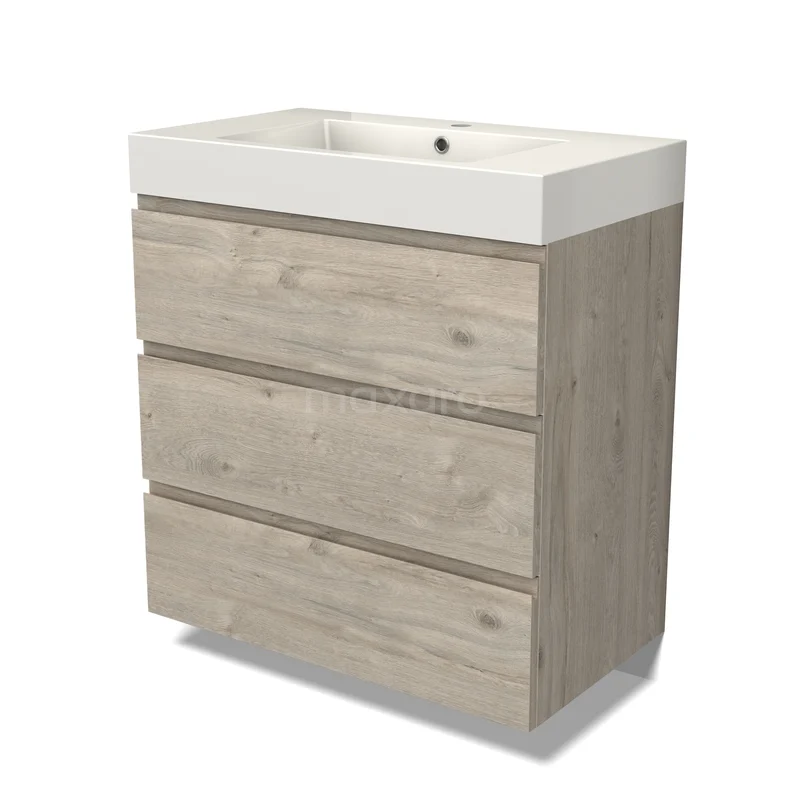 Modulo Badmöbel mit Unterschrank mit Waschbecken BMW19-02997 Holz Badezimmermöbel mit drei Schubladen, heller Eiche Oberflächenbehandlung und weißem keramischen Waschbecken, ideal für moderne Bäder.