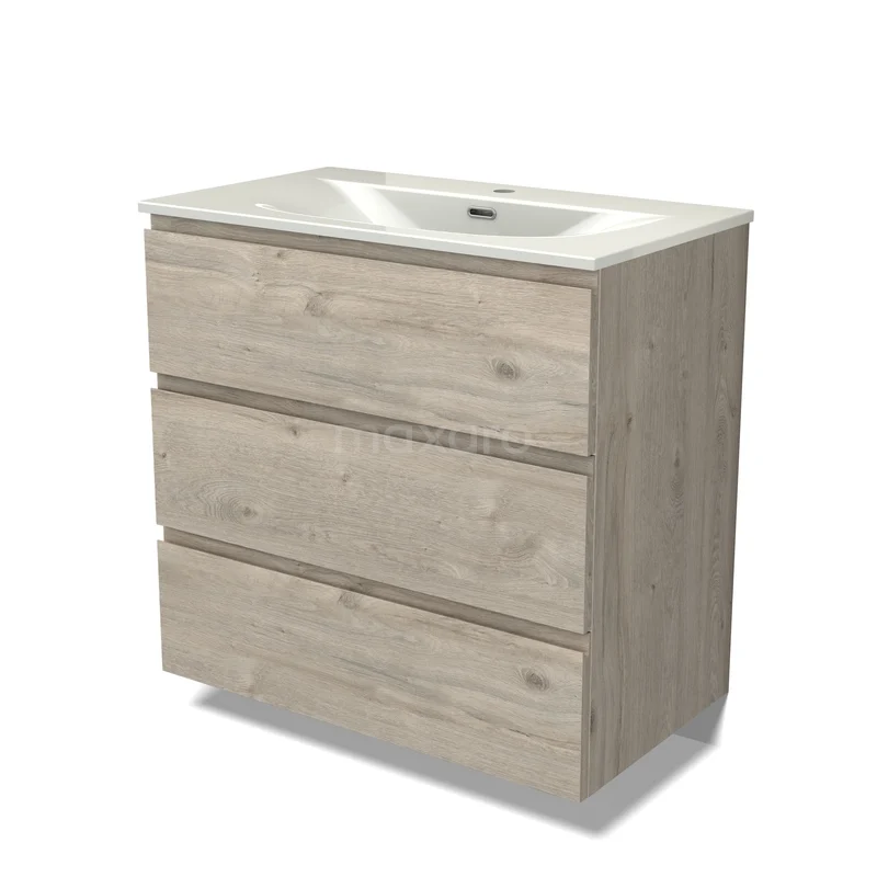 Modulo Vanity units with basin | 80 cm Light grey oak Handle-less front Ceramic 3 drawers BMW19-02999 Houten badkamermeubel met drie lades, licht eiken look, inclusief witte wastafel, modern en geschikt voor elke badkamerstijl.