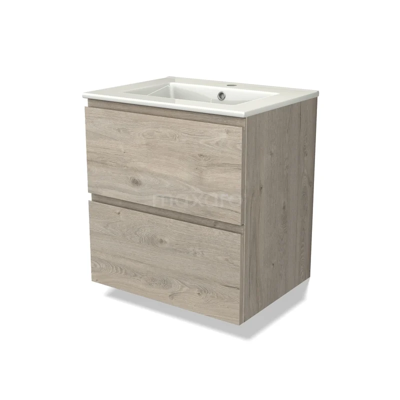 Modulo Vanity units with basin | 60 cm Light grey oak Handle-less front Ceramic 2 Stacked drawers BMW17-05491 Houten badkamermeubel met twee lades in licht eiken, inclusief witte keramische wastafel, modern en compact ontwerp.