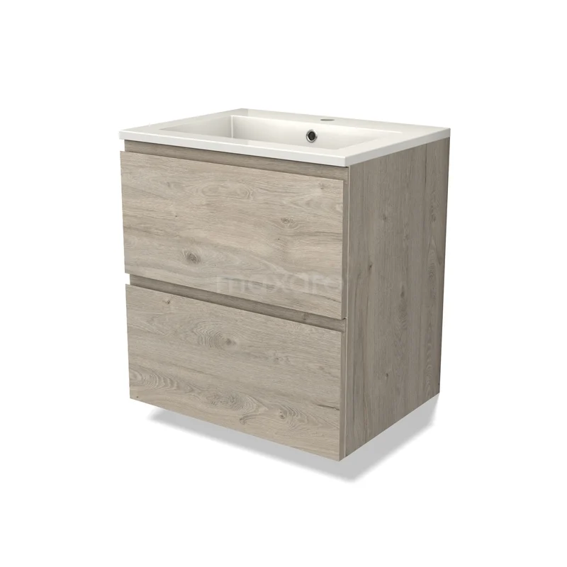 Modulo Vanity units with basin | 60 cm Light grey oak Handle-less front Mineral marble 2 Stacked drawers BMW17-05493 Houten badkamermeubel met twee lades en witte keramische wastafel, compact design ideaal voor moderne badkamers.
