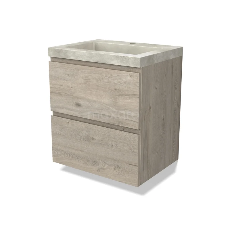 Modulo Bathroom furniture with sink | 60 cm Light grey oak Handle-less front Concrete 2 Stacked drawers BMW17-05500 Wooden bathroom furniture with two drawers, concrete-look sink and modern design, perfect for a cosy bathroom.