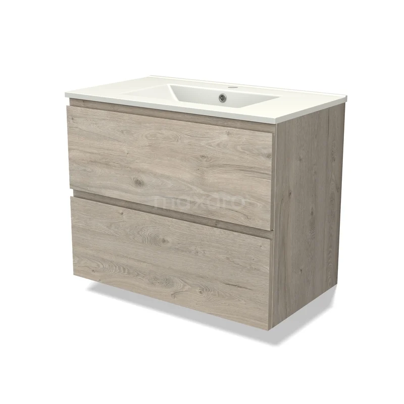 Houten badkamermeubel met twee lades, natuur eiken finish, keramische wastafel en modern design voor stijlvolle badkamers.