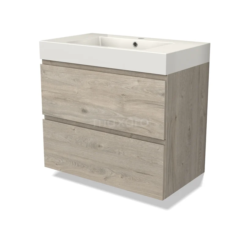 Houten badkamermeubel met twee lades, licht eiken kleur, inclusief witte keramische wastafel voor moderne badkamerruimtes.