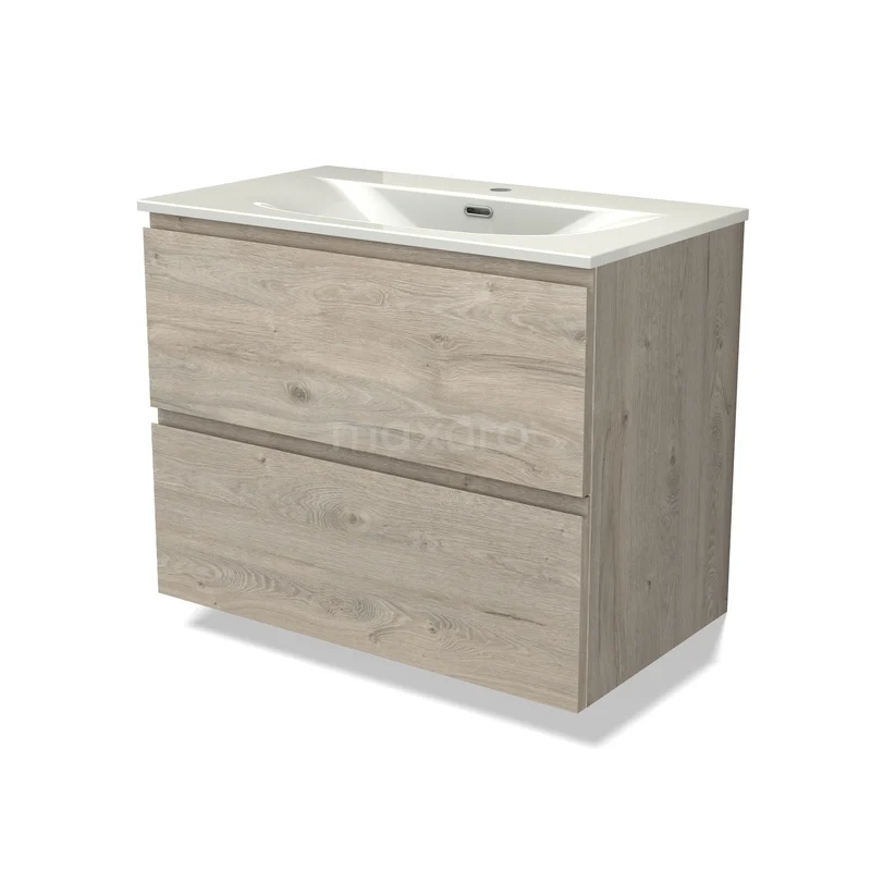 Modulo Badkamermeubel met wastafel | 80 cm Lichtgrijs eiken Greeploos front Keramiek 2 lades onder elkaar BMW17-05522 Houten badkamermeubel met 2 lades, eikenlook, met geïntegreerde wastafel, strak en modern design.
