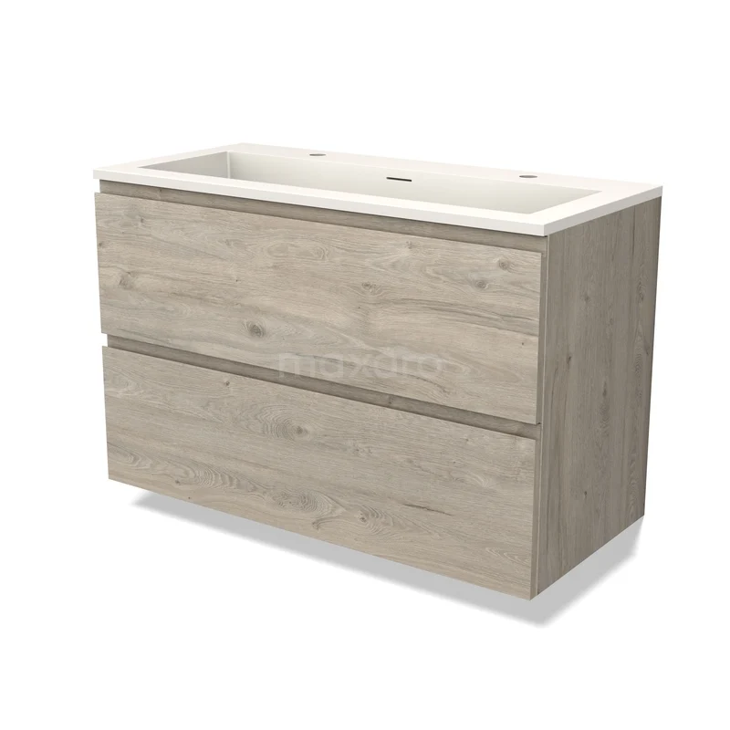 Modulo Bathroom furniture with sink | 100 cm Light grey oak Handle-less front Solid surface 2 Stacked drawers BMW17-05532 Wooden bathroom cabinet with sink, light oak finish, two drawers, modern design, ideal for storage and stylish bathroom decor.