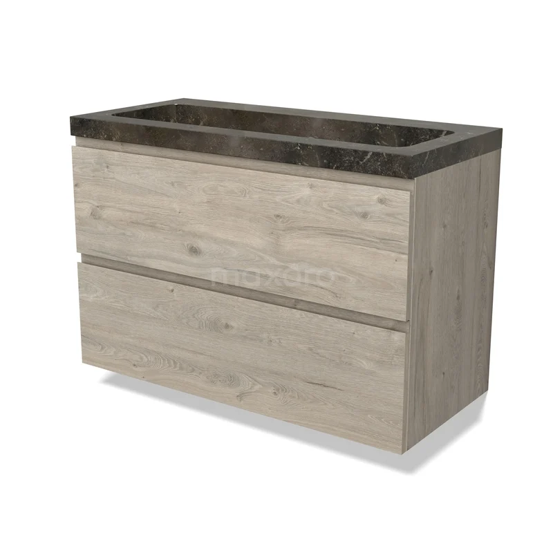 Modulo Bathroom furniture with sink | 100 cm Light grey oak Handle-less front Natural stone 2 Stacked drawers BMW17-05533 Wooden washbasin furniture with two wide drawers, light oak finish and black natural stone sink, ideal for modern bathrooms.