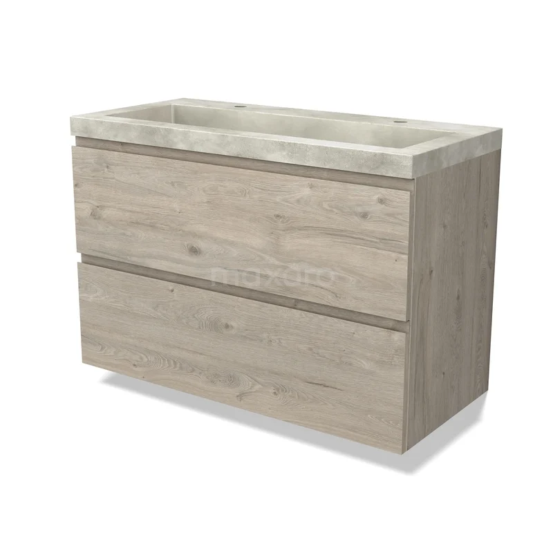 Eikenhouten badkamermeubel met betonlook wastafel, 2 lades en moderne uitstraling, ideaal voor een stijlvolle badkamerinrichting.
