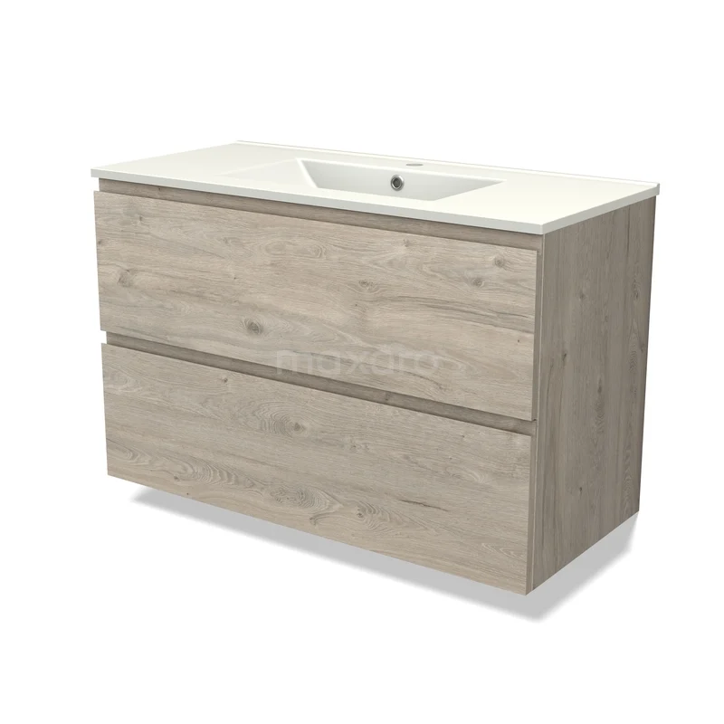 Houten badkamermeubel met twee lades, licht eiken afwerking en geïntegreerde keramische wastafel, modern en strak design.