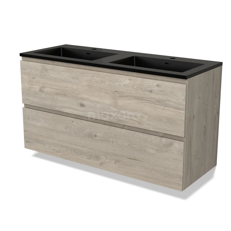 Badmöbel mit Waschbecken Modulo BMW17-05556 Holz Badmöbel mit breitem Doppel Waschbecken in Matt Schwarz, stilvolle Wandmontage, ideal für moderne Bäder.