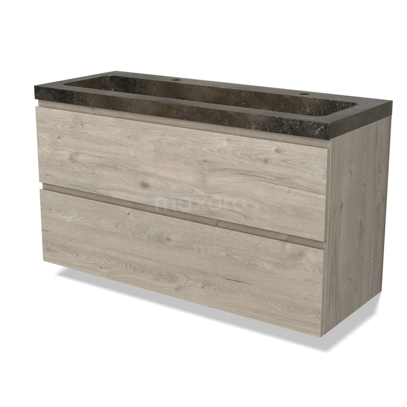 Modulo Badkamermeubel met wastafel | 120 cm Lichtgrijs eiken Greeploos front Natuursteen 2 lades onder elkaar BMW17-05570 Badkamermeubel houtlook met donker composiet wastafel, modern design en twee lades voor stijlvolle en praktische opbergruimte.