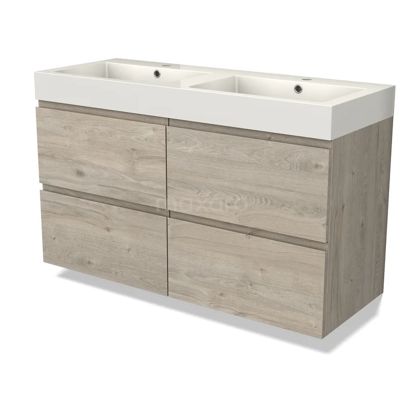 Modulo Waschtische | 120 cm Hellgraue Eiche Grifflos front Mineralguss 4 Schubladen BMW18-01331 Holz-Badmöbel mit doppelter Waschtischplatte, modernes Aussehen, helle Holzfarbe, ideal für geräumige Bäder.