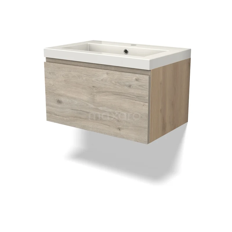 Modulo Badkamermeubel met wastafel | 70 cm Lichtgrijs eiken Greeploos front Mineraalmarmer 1 lade BMW11-05015 Houten badkamermeubel met lade, natuurlijke eikenlook en witte wastafel, ideaal voor een moderne en sfeervolle badkamer.