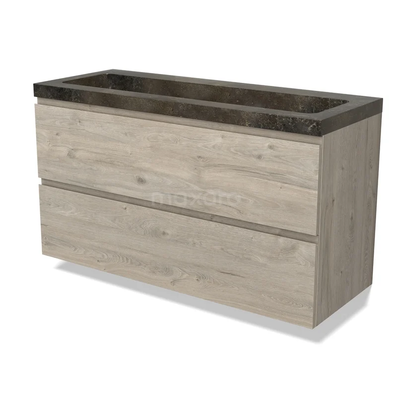 Modulo Badkamermeubel met wastafel | 120 cm Lichtgrijs eiken Greeploos front Natuursteen 2 lades onder elkaar BMW17-05569 Houten badkamermeubel met twee lades en een donker wastafelblad, gemaakt van eikenhout uit de Nordic-serie.