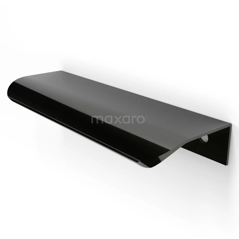 Zwarte metalen handdoekplank met afgeronde randen, wandmontage voor badkameropslag, strak en modern design.