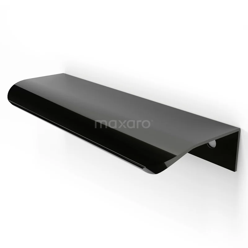 Zwarte metalen handdoekplank met afgeronde randen, wandmontage voor badkameropslag, strak en modern design.