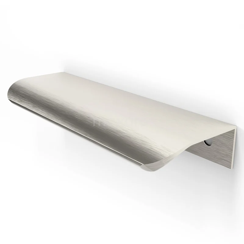 Wandplank badkamer, gebogen design in geborsteld aluminium, modern en functioneel voor opbergruimte in natte ruimtes.