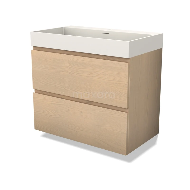 Houten badkamermeubel met witte wastafel, modern design, 2 lades, serie Natureline, ideaal voor stijlvolle badkamerinrichting.