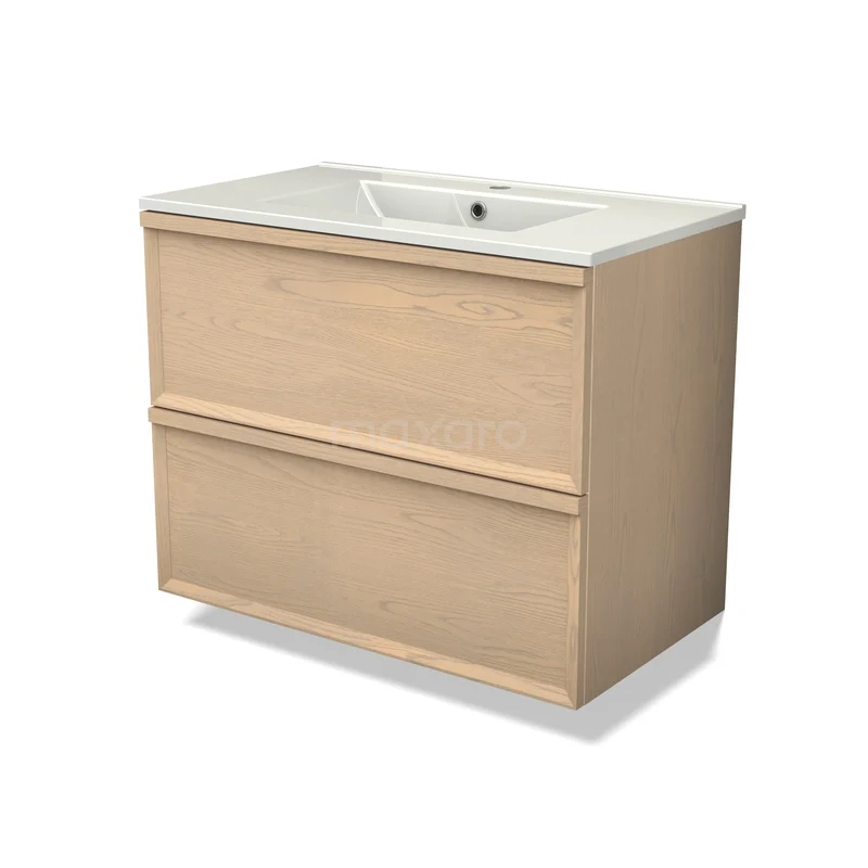 Modulo Plus Vanity units with basin | 80 cm Natural oak Facet front Ceramic 2 Stacked drawers BMW47-00044 Houten wastafelmeubel met licht eiken afwerking, dubbele lades en geïntegreerde wastafel, ideaal voor moderne badkamers.