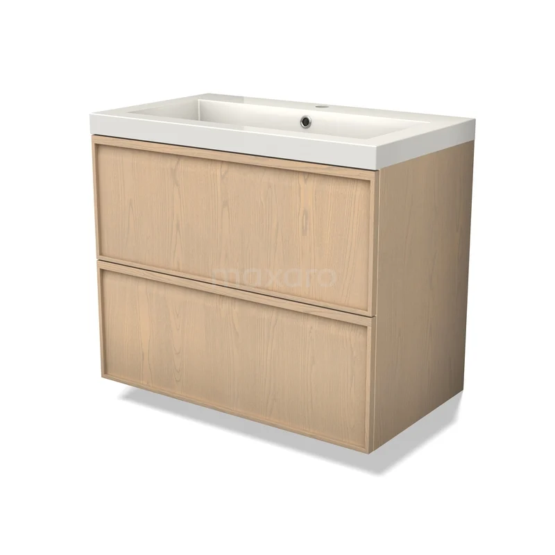 Modulo Plus Vanity units with basin | 80 cm Natural oak Ledge front Mineral marble 2 Stacked drawers BMW47-00067 Eikenhouten badkamermeubel met twee lades en een witte wastafel, ideaal voor een moderne en strakke badkamerstijl.