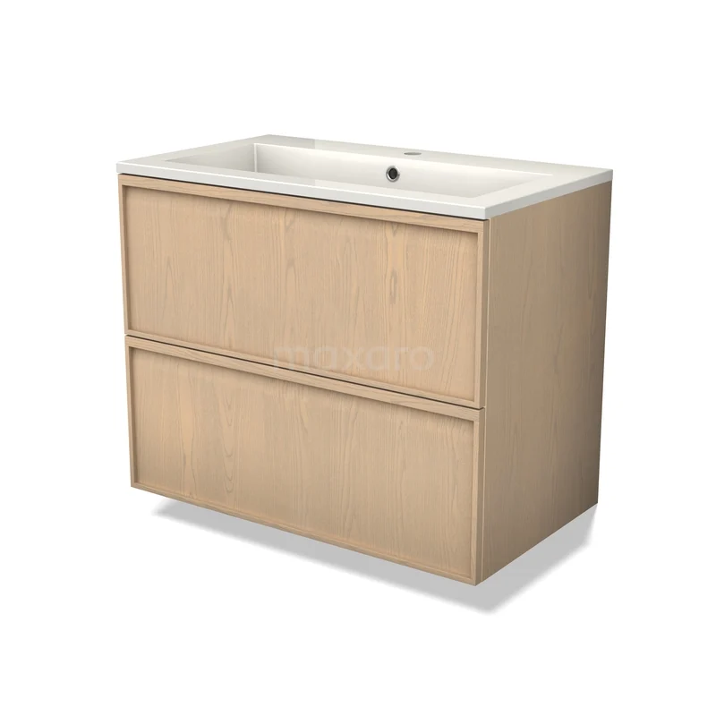 Modulo Plus Vanity units with basin | 80 cm Natural oak Ledge front Mineral marble 2 Stacked drawers BMW47-00068 Badkamermeubel met wasbak, licht eikenhout, twee lades, modern design, ideaal voor stijlvolle badkameropslag.