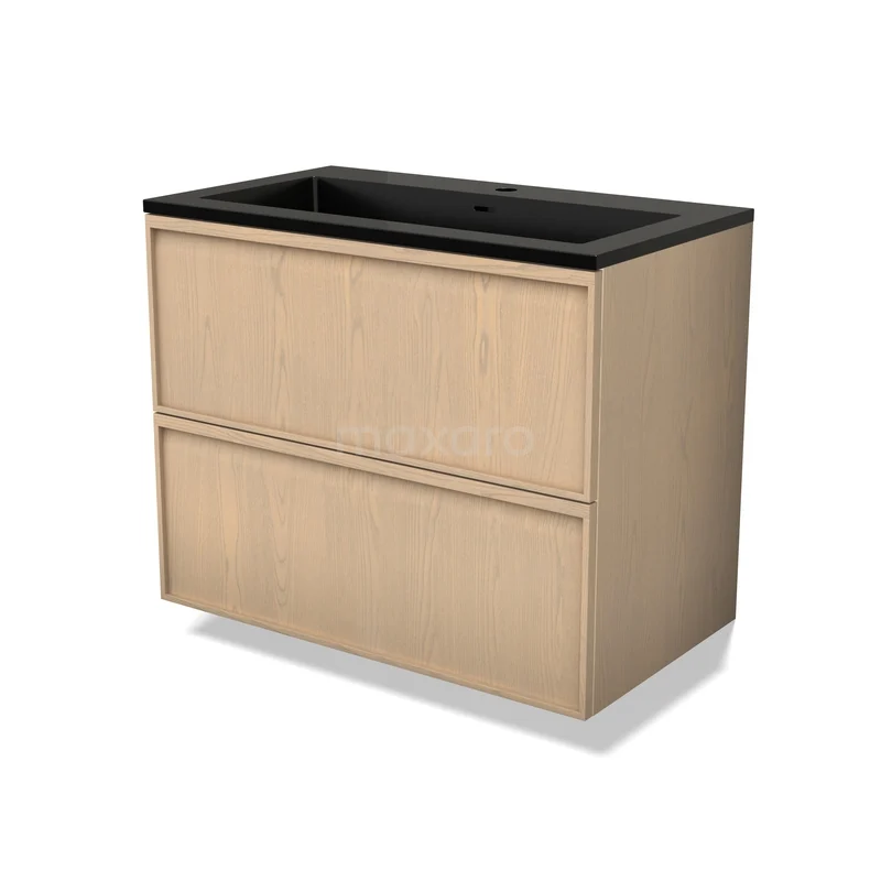 Houten badkamermeubel met twee lades en een zwarte wastafel, modern design, ideaal voor een stijlvolle badkamerinrichting.