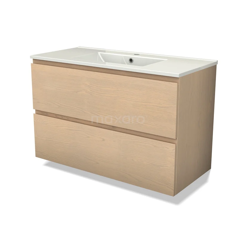 Houten badkamermeubel met twee brede lades en een witte wastafel, modern ontwerp ideaal voor stijlvolle badkamerinrichting.