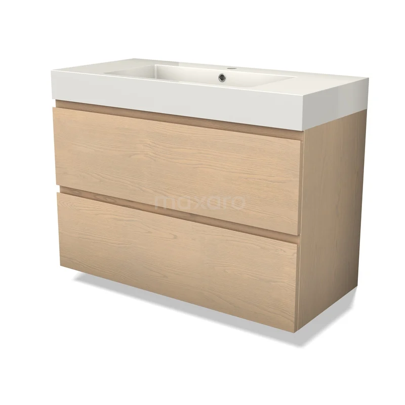 Modulo Plus Vanity units with basin | 100 cm Naturel eik Handle-less front Mineral marble 2 Stacked drawers BMW47-00099 Houten badkamermeubel met licht eiken afwerking, twee lades en wit keramische wastafel; stijlvol en modern design.