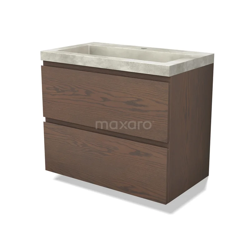 Modulo Plus Vanity units with basin | 80 cm Cacao eik Handle-less front Concrete 2 Stacked drawers BMW47-00265 Houten badkamermeubel met twee lades en betonlook wastafel, modern design voor stijlvolle badkamerinrichting.