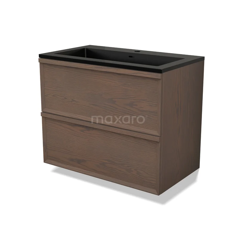 Waschtisch mit Unterschrank BMW47-00296 Holz-Badmöbel mit Schublade in Nussbaumfarbe, Schwarz Waschtischplatte, modernes Design, ideal für eine stilvolle Badezimmergestaltung.