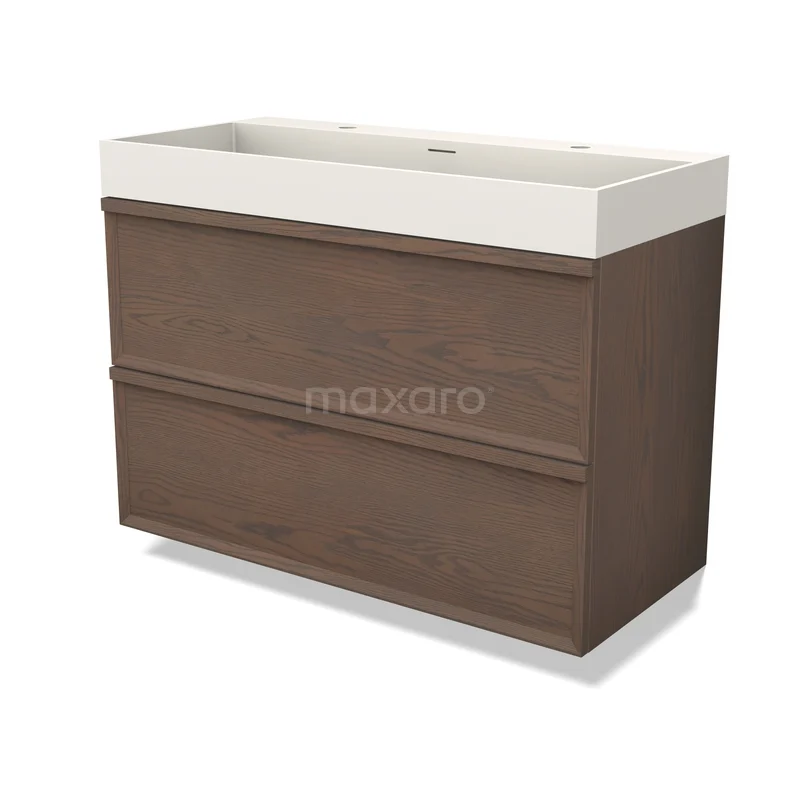 Modulo Plus Vanity units with basin | 100 cm Cocoa oak Facet front Solid surface 2 Stacked drawers BMW47-00390 Houten badkamermeubel donkerbruin met dubbele wastafel, strak design, ideaal voor moderne badkamers.