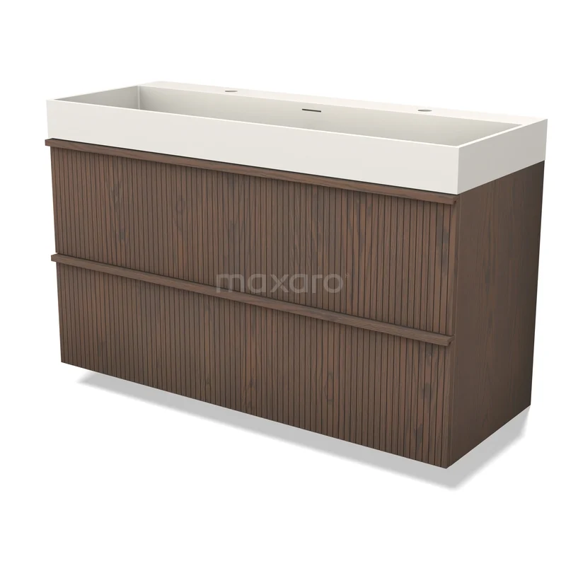 Modulo Plus Vanity units with basin | 120 cm Cacao eik Ribbel front Solid surface 2 Stacked drawers BMW47-00464 Houten badkamermeubel met dubbele wastafel, donkerbruin design en strakke afwerking, ideaal voor een moderne badkamer.