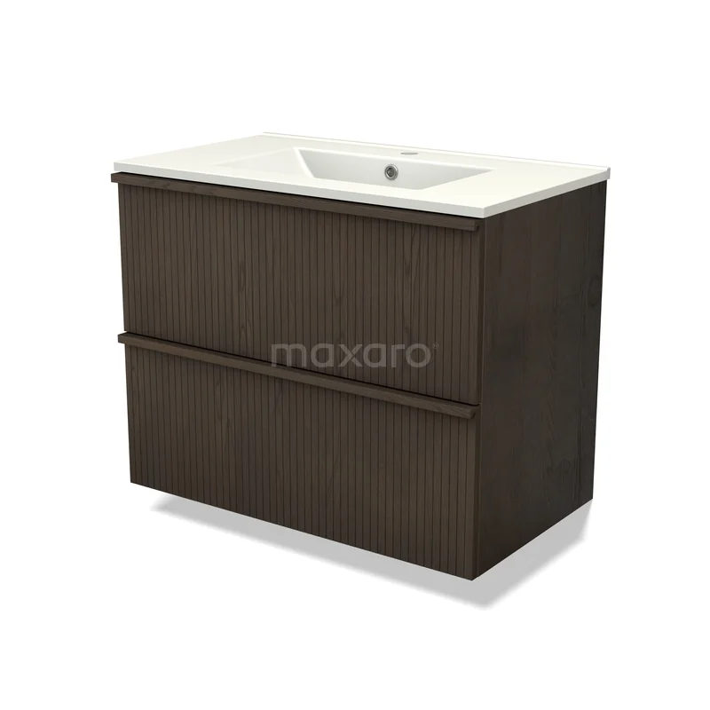 Modulo Plus Vanity units with basin | 80 cm Espresso oak Ribbing front Ceramic 2 Stacked drawers BMW47-00539 Wastafelmeubel houtlook donkerbruin, met dubbele lade en witte keramische wastafel voor moderne badkamerinrichting.