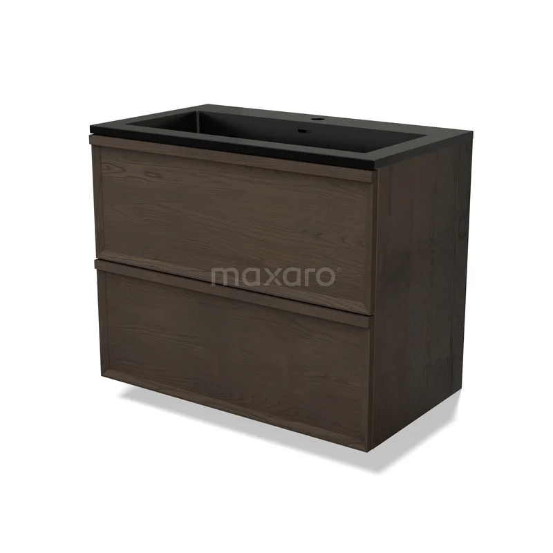 Modulo Plus Waschtische | 80 cm Espresso Eiche Gesichtspunkt front Quarz 2 übereinanderliegende Schubladen BMW47-00551 Dunkelbraune Holz-Badmöbelset mit zwei Schubladen, modernes Design, einschließlich schwarzem Waschbecken, ideal für ein stilvolles Badezimmer.