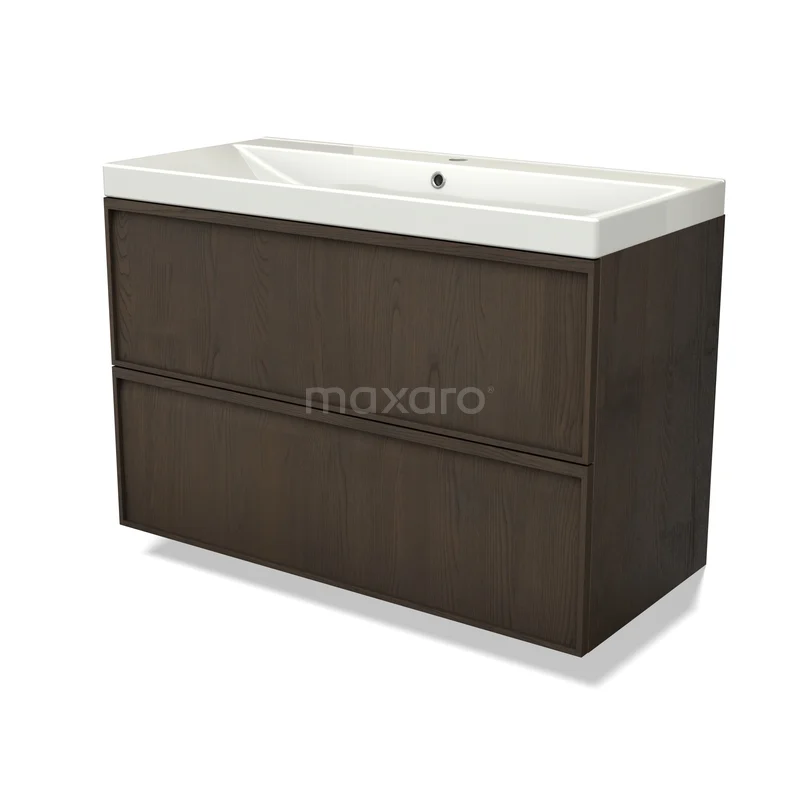 Modulo Plus Vanity units with basin | 100 cm Espresso eik Lijst front Ceramic 2 Stacked drawers BMW47-00690 Donker houten badkamermeubel met twee lades en witte wastafel, modern design, ideaal voor stijlvolle badkamerruimtes.