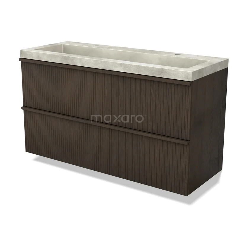 Modulo Plus Vanity units with basin | 120 cm Espresso eik Ribbel front Concrete 2 Stacked drawers BMW47-00721 Houten badkamermeubel met dubbele wastafel, donkerbruin eiken, betonnen wastafelblad, strak design voor moderne badkamers.