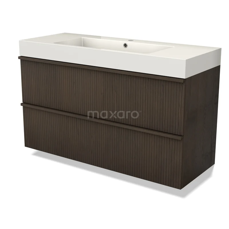 Modulo Plus Vanity units with basin | 120 cm Espresso eik Ribbel front Mineral marble 2 Stacked drawers BMW47-00723 Donkerbruine badkamermeubelset met dubbele ladekast en wit wastafelblad, modern design en duurzame houtafwerking.