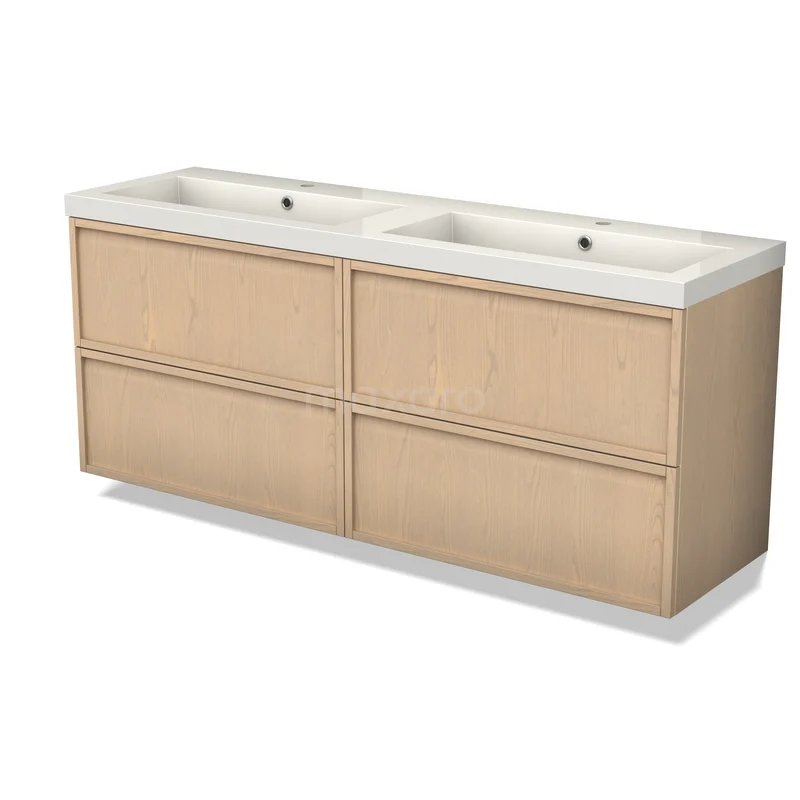 Modulo Plus Vanity units with basin | 160 cm Naturel eik Frame front Mineral marble 4 drawers BMW48-00004 Houten badkamermeubel met dubbele witte wastafel, modern design, vier lades, naturel eiken kleur, perfecte opbergruimte.