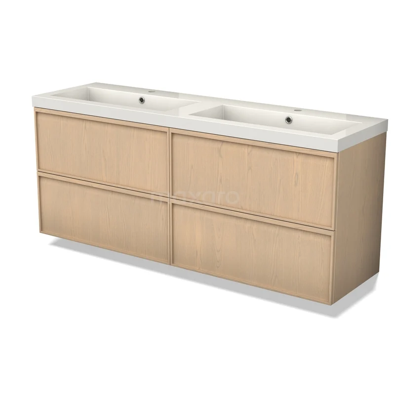 Modulo Plus Vanity units with basin | 160 cm Naturel eik Lijst front Mineral marble 4 drawers BMW48-00005 Houten wastafelmeubel met dubbele wastafel, lichte eiken afwerking, modern ontwerp, ideaal voor een stijlvolle badkamer.
