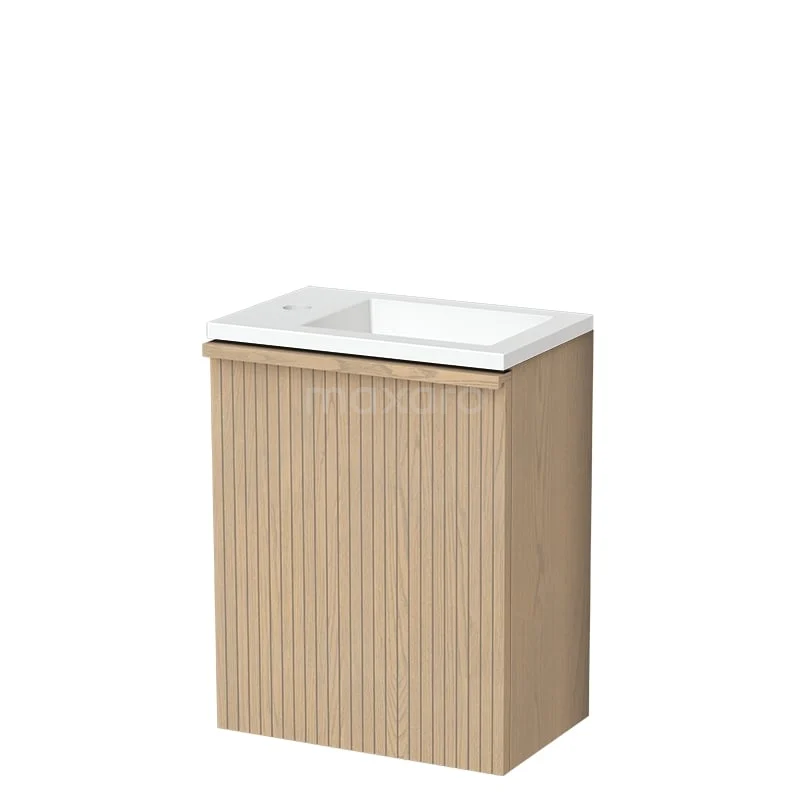 Modulo Plus Pico Toiletmeubel met wastafel | 40 cm Naturel eik Ribbel front Solid surface TMW10-00877 Compacte houten wastafelmeubel met witte keramische wasbak, ideaal voor een moderne badkamer, verticale groevenontwerp.