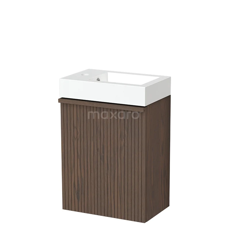 Toilet furniture with basins TMW10-00929 Houten badkamermeubel met walnootkleurige lamellen en een wit keramisch wasbakje, compact en modern ontwerp.