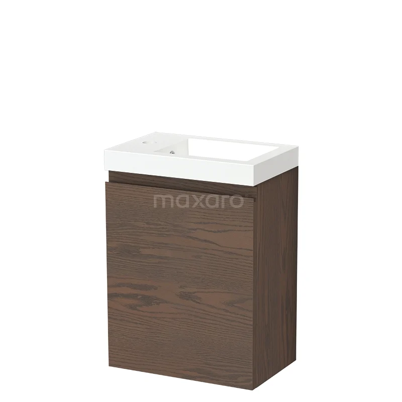 Modulo Plus Pico Toiletmeubel met wastafel | 40 cm Cacao eik Greeploos front Mineraalmarmer TMW10-00952 Compact badkamermeubel met wasbak, houtlook kast in walnootkleur en strak wit keramiek; ideaal voor kleine badkamers.