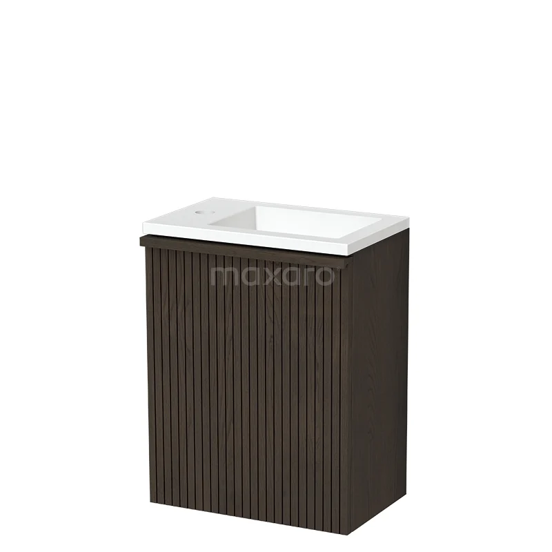 Modulo Plus Pico Toiletmeubel met wastafel | 40 cm Espresso eik Ribbel front Solid surface TMW10-00998 Donkerhouten badkamermeubel met witte keramische wastafel, verticale groeven, compact design, ideaal voor moderne badkamers.