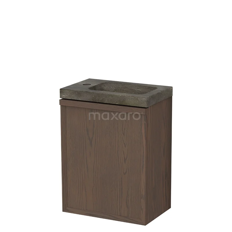 Modulo Plus Pico WC-Möbel mit Waschbecken | 40 cm Kakao Eiche Facettenfront Naturstein TMW10-00917 Holz-Badmöbel mit dunkler Eiche-Oberfläche und integriertem Waschbecken, ideal für einen modernen Badezimmer-Stil.