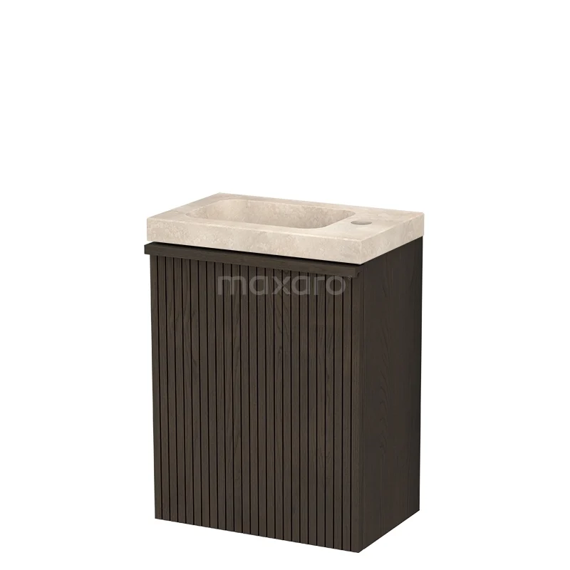 Modulo Plus Pico Toiletmeubel met wastafel | 40 cm Espresso eik Ribbel front Natuursteen TMW10-01002 Compacte wastafelmeubel in donker hout met beige natuurstenen wasbak, perfect voor een stijlvolle badkamerinrichting.
