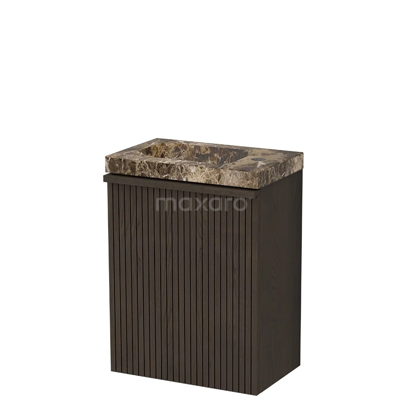 Modulo Plus Pico WC-Möbel mit Waschbecken | 40 cm Espresso Eiche Gerippte Front Naturstein TMW10-01014 Dunkelbrauner Badschrank mit geriffelten Fronten und einer Marmorlook Waschtischplatte, ideal für stilvolle Bäder.
