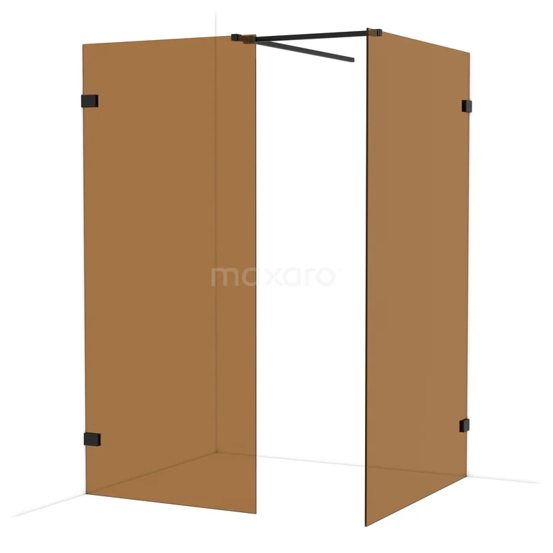 Diamond Inloopdouche | 120x90 cm Mat zwart Bronsglas 2 vaste wanden IDB0912529MB Bruine douchewandset in hoekopstelling, minimalistisch design met zwarte scharnieren, perfect voor een moderne badkamer.