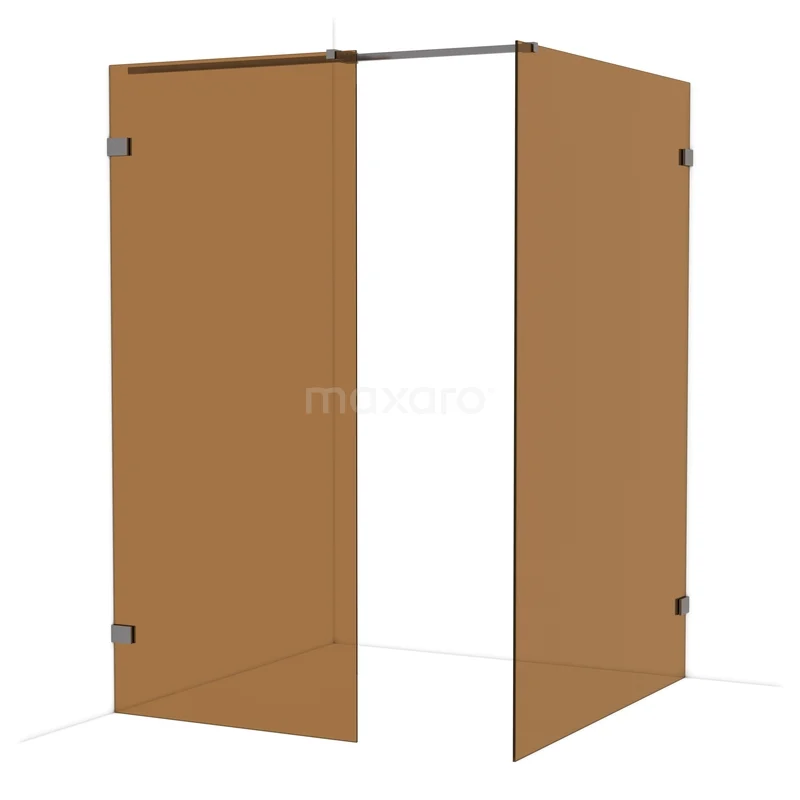 Diamond Inloopdouche | 140x90 cm Zwart metaal Bronsglas 2 vaste wanden IDB0914329ZM Hoekige douchecabine met amberkleurig glas, minimalistisch design en metalen scharnieren, ideaal voor moderne badkamers.